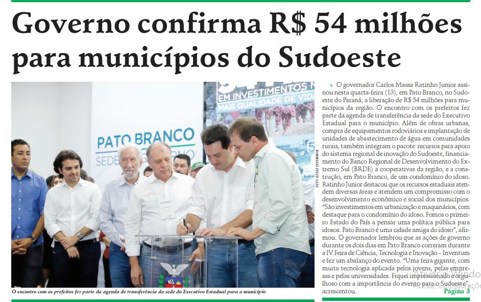 Governo confirma R$ 54 milhões para municípios do Sudoeste