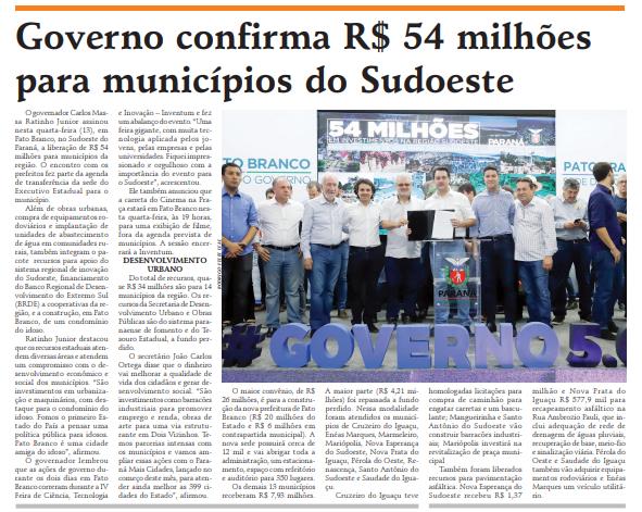 Governo confirma R$ 54 milhões para municípios do Sudoeste