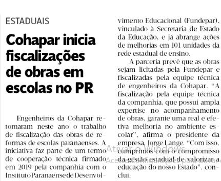 JORNAL DA MANHÃ PR - Cohapar inicia fiscalizações de obras em escolas no PR