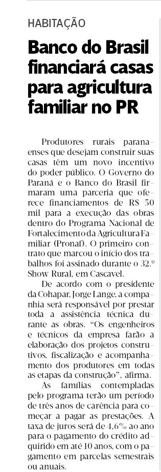 Banco do Brasil financiará casas para agricultura familiar no PR