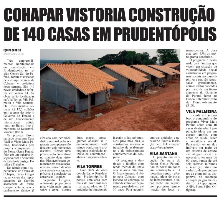 Três empreendimentos habitacionais em construção em Prudentópolis, na região Centro-Sul do Paraná, foram vistoriados pela equipe técnica da Cohapar e prefeitura nesta semana. São 140 novas unidades e reforma em outras 14. As obras estão localizadas na Vila Torres, Vila Palmeira e Vila Santana.