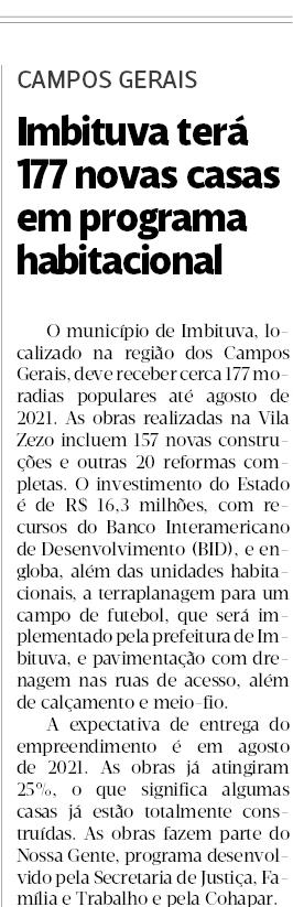 Imbituva terá 177 novas casas em programa habitacional