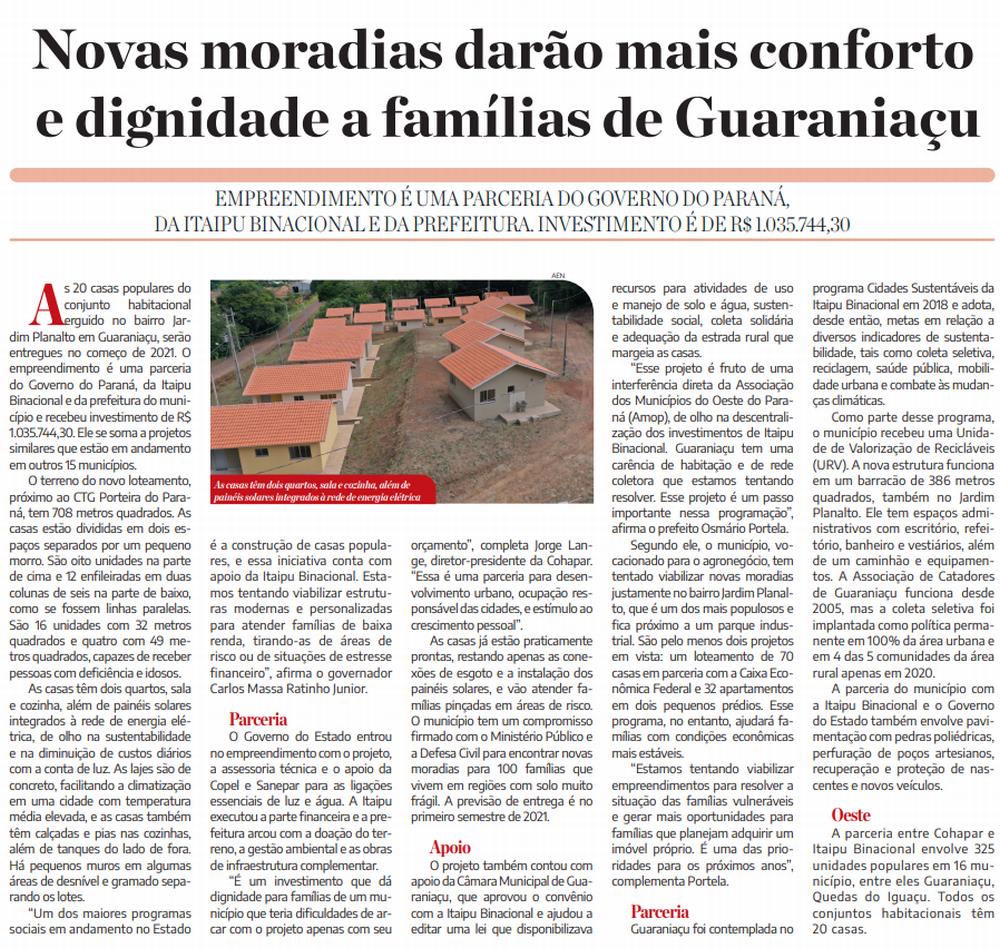 Novas moradias darão mais conforto e dignidade a famílias de Guaraniaçu