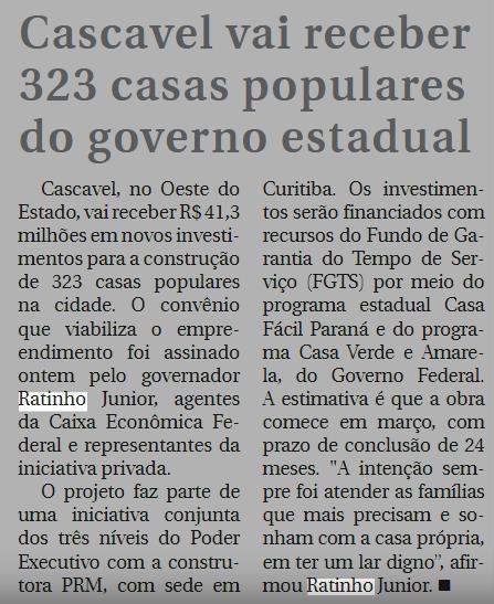 Cascavel vai receber 323 casas populares do governo estadual