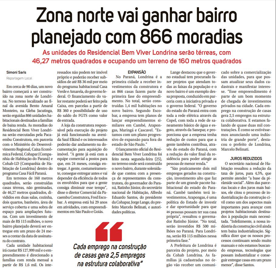 FOLHA DE LONDRINA - Zona norte vai ganhar bairro planejado com 866 moradias