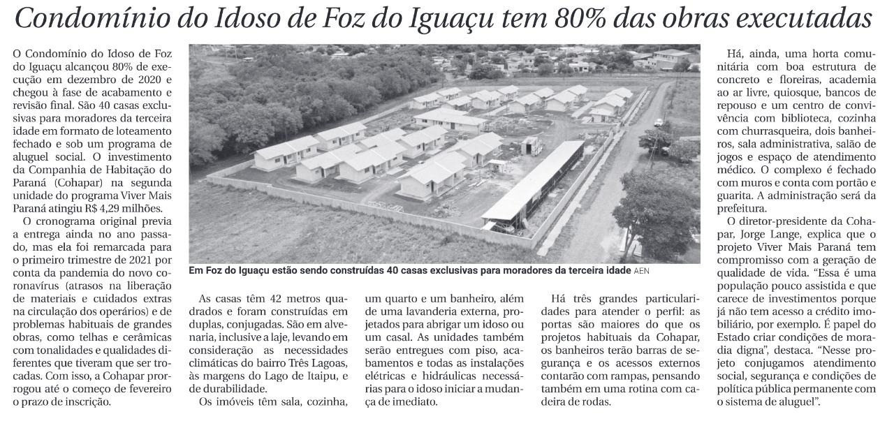 Condomínio do idoso de Foz do Iguaçu tem 80% das obras executadas