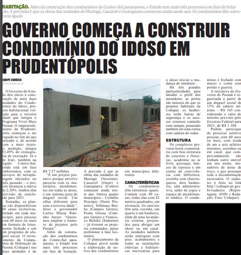 CORREIO DO CIDADÃO - Governo começa a construir condomínio do idoso em Prudentópolis
