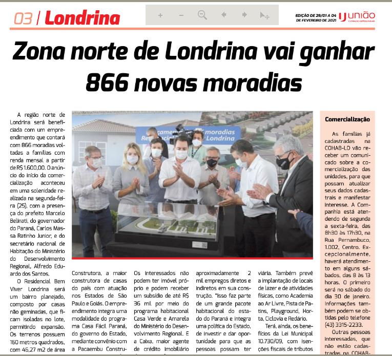 JORNAL UNIÃO - Zona Norte de Londrina vai ganhar 866 novas moradias