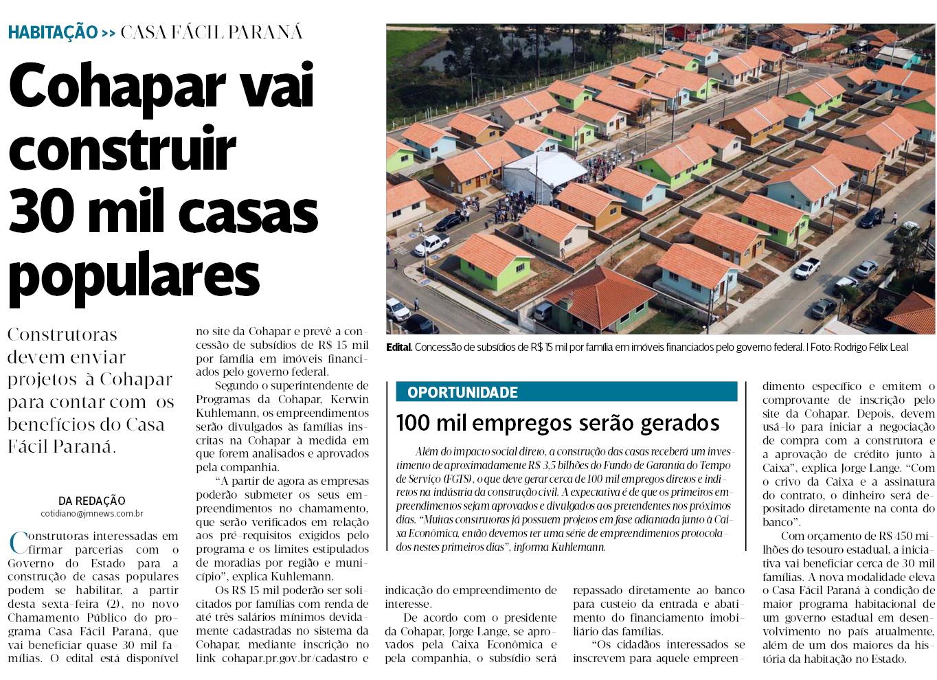 Cohapar vai construir 30 mil casas populares