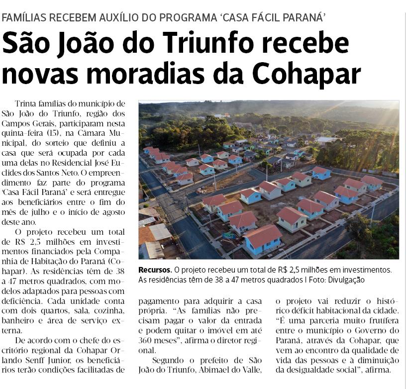 São João do Triunfo recebe novas moradias da Cohapar
