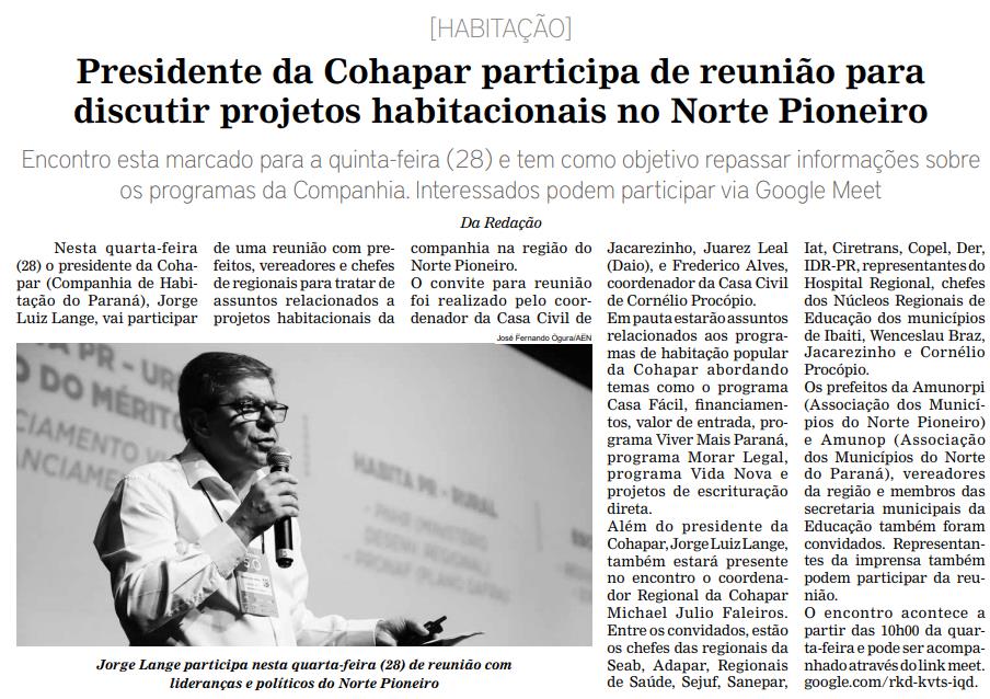 Presidente da Cohapar participa de reunião para discutir projetos habitacionais no Norte Pioneiro