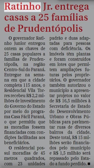 Ratinho Jr. entrega casas a 25 famílias de Prudentópolis