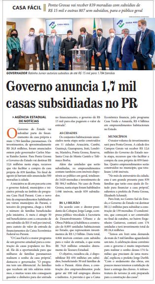 DIÁRIO DOS CAMPOS - Governo anuncia 1,7 mil casas subsidiadas no PR