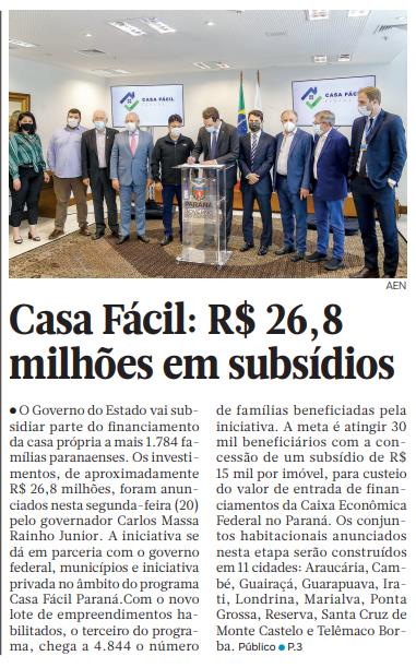 GAZETA DO PARANÁ - Casa Fácil: R$ 26,8 milhões em subsídios