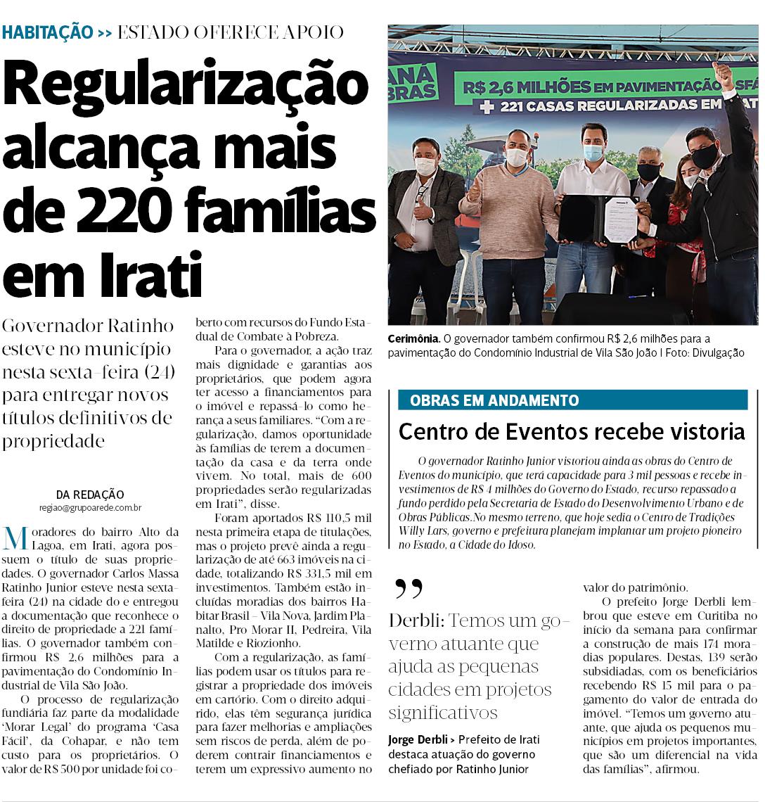 JORNAL DA MANHÃ - Regularização alcança mais de 220 famílias em Irati
