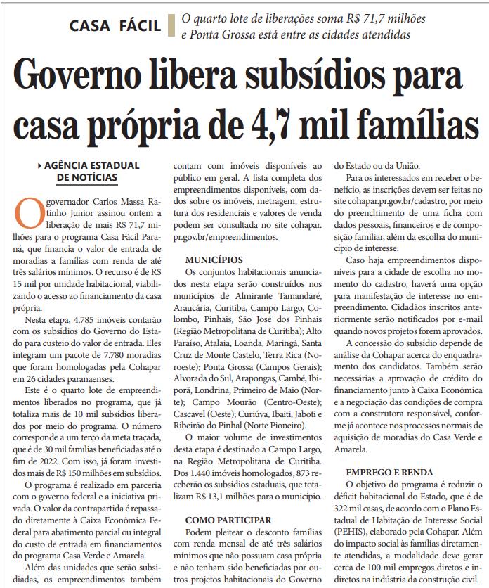 DIÁRIO DOS CAMPOS - Governo libera subsídios para casa própria de 4,7 mil famílias