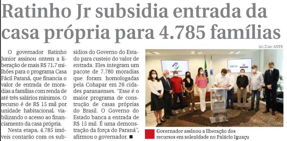 JORNAL DO ÔNIBUS CURITIBA - Ratinho Jr subsidia entrada da casa própria para 4.785 famílias