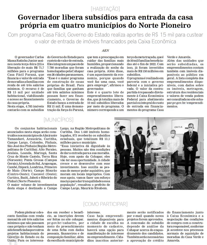 FOLHA EXTRA - Governador libera subsídios para entrada da casa própria em quatro municípios do Norte Pioneiro