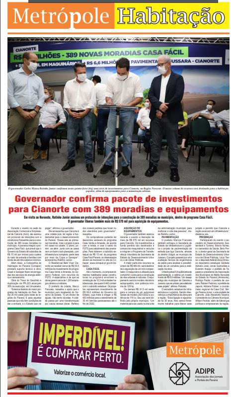 METRÓPOLE SÃO JOSÉ - Governador confirma pacote de investimentos para Cianorte com 389 moradias e equipamentos