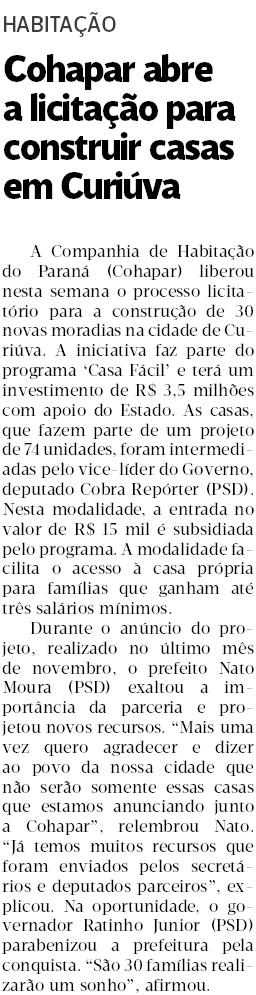 Jornal da Manhã PR - Cohapar abre a licitação para construir casas em Curiúva