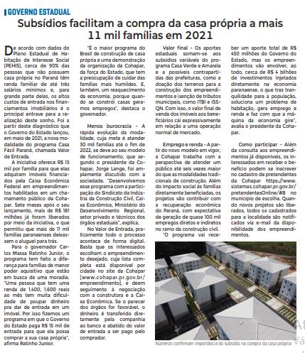 DIÁRIO DO NOROESTE - Subsídios facilitam a compra da casa própria a mais 11 mil famílias em 2021