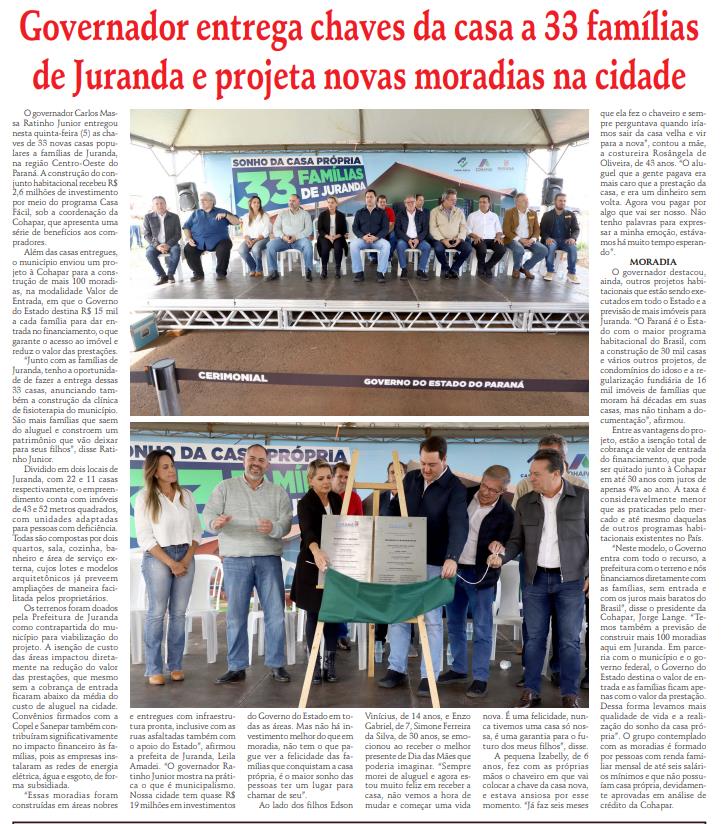 JO - Governador entrega chaves da casa em Juranda e projeta novas moradias