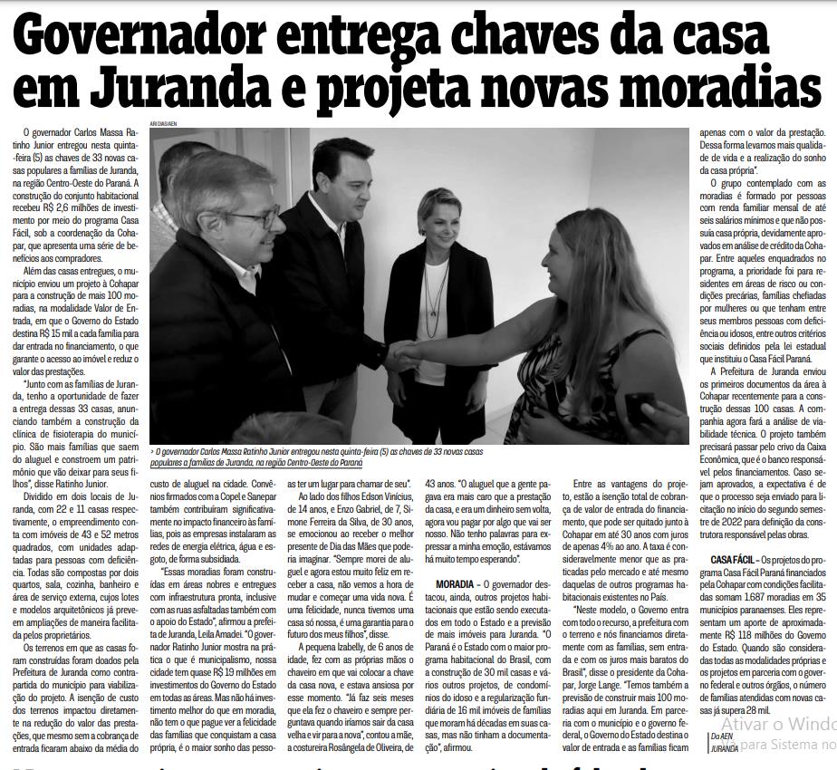 Governador entrega chaves da casa em Juranda e projeta novas moradias