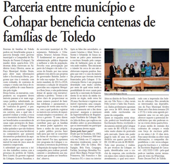 GT - Parceria entre município e Cohapar beneficia centenas de famílias de Toledo