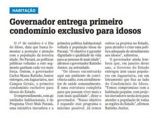 O 1º de outubro é o Dia do Idoso, data que busca fomentar a proteção e atenção com a população da terceira idade. No Paraná, as políticas públicas voltadas a este segmento ganham cada vez mais força. Ontem, o governador Carlos Massa Ratinho Junior entregou, em Jaguariaíva, nos Campos Gerais, o primeiro condomínio exclusivo para idosos do Estado.