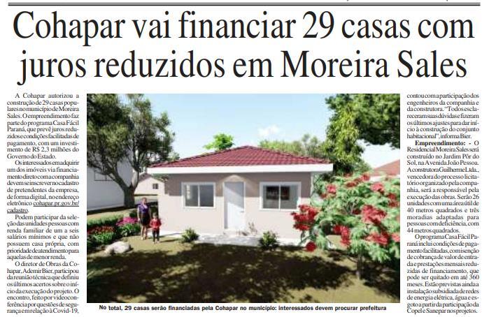 Cohapar vai financiar 29 casas com juros reduzidos em Moreira Sales