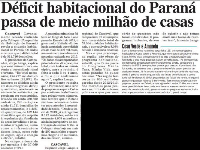 Déficit habitacional do Paraná passa de meio milhão de casas