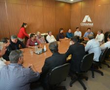 Um grupo de prefeitos de 11 municípios das regiões Noroeste e Centro-Oeste do Paraná participou nesta segunda-feira (25) de uma visita à sede da Cohapar, em Curitiba, com o intuito de conhecer as propostas da nova gestão estadual para o setor de habitação popular. A reunião foi acompanhada pelo presidente da companhia, Jorge Lange, e o secretário de Estado do Desenvolvimento Sustentável e Turismo, Márcio Nunes.