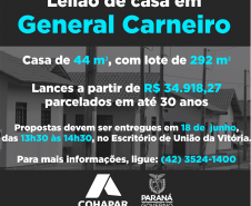 Pessoas interessadas em adquirir uma casa própria em General Carneiro, na região Sul do estado, terão a oportunidade de participar de um leilão promovido pela Cohapar nesta terça-feira (18). As propostas devem ser protocoladas pessoalmente no escritório regional da companhia em União da Vitória, entre as 13h30 e as 14h30, na Rua Ipiranga, 108, no centro da cidade.