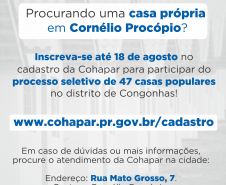 Com mais de 90% do cronograma executado, serão concluídas nos próximos dias as obras de construção de 47 casas populares da Cohapar em Cornélio Procópio, no Norte Pioneiro do Paraná. As moradias são destinadas a famílias com renda de até seis salários mínimos, que devem se cadastrar no site xoops.celepar.parana/migracao/ccivil_cohapar/cadastro até o dia 18 de agosto para participarem do processo seletivo.