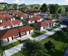 Imagem do projeto arquitetônico do programa Viver Mais Paraná. Empreendimentos contam com 40 moradias para idosos, além de infraestrutura completa de saúde, assistência social e lazer.