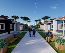 Imagem do projeto arquitetônico do programa Viver Mais Paraná. Empreendimentos contam com 40 moradias para idosos, além de infraestrutura completa de saúde, assistência social e lazer.