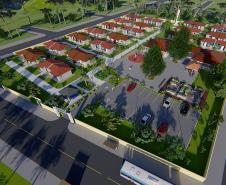Imagem do projeto arquitetônico do programa Viver Mais Paraná. Empreendimentos contam com 40 moradias para idosos, além de infraestrutura completa de saúde, assistência social e lazer.