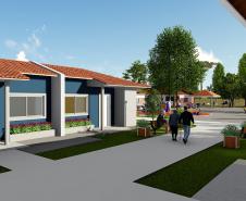 Imagem do projeto arquitetônico do programa Viver Mais Paraná. Empreendimentos contam com 40 moradias para idosos, além de infraestrutura completa de saúde, assistência social e lazer.