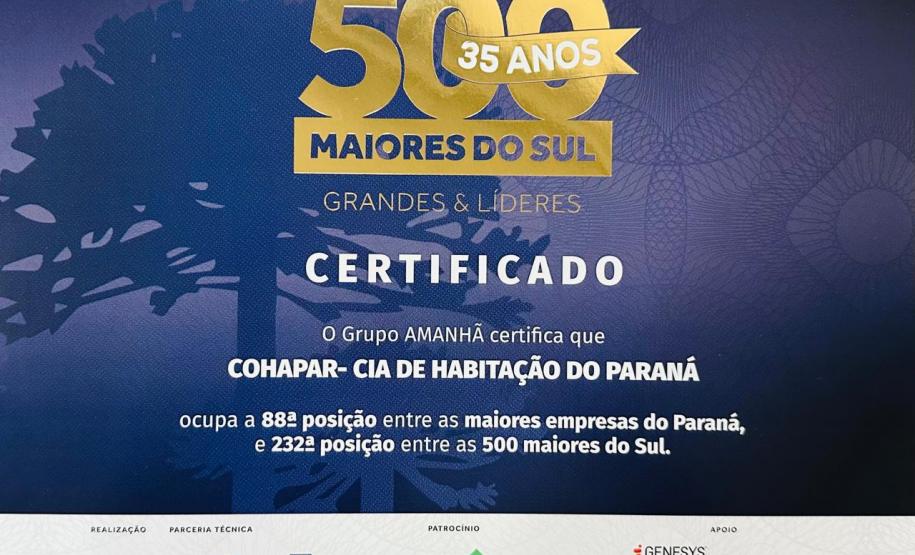 Cohapar se destaca entre as maiores empresas do Paraná e do Sul do país