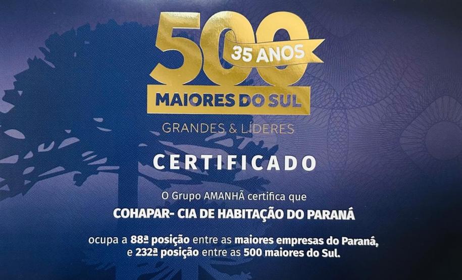 Cohapar se destaca entre as maiores empresas do Paraná e do Sul do país