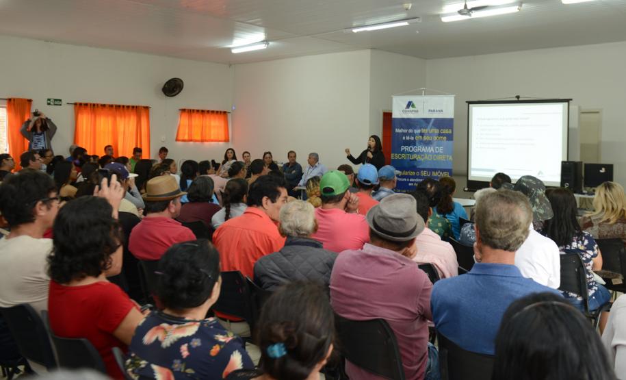 Cerca de 200 pessoas participaram de uma reunião organizada nesta sexta-feira (2) pela Cohapar em Jardim Alegre para a apresentação do programa de Escrituração Direta da companhia. O grupo de possíveis beneficiários é formado por mutuários, compradores e ocupantes de imóveis da Cohapar que estão com o financiamento quitado e desejam registrar a propriedade de suas moradias.
