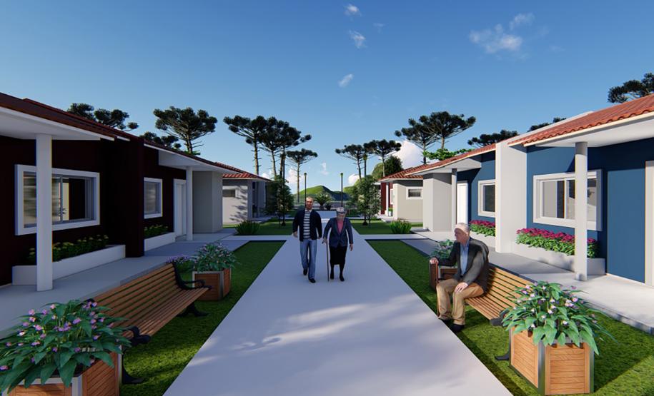 Governador lança programa Viver Mais Paraná Imagem do projeto arquitetônico do programa Viver Mais Paraná. Empreendimentos contam com 40 moradias para idosos, além de infraestrutura completa de saúde, assistência social e lazer.