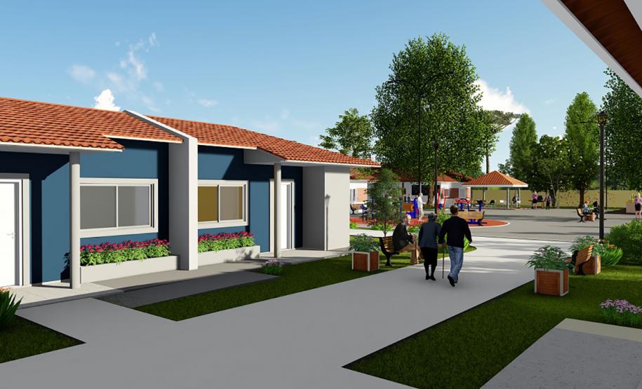 Governador lança programa Viver Mais Paraná Imagem do projeto arquitetônico do programa Viver Mais Paraná. Empreendimentos contam com 40 moradias para idosos, além de infraestrutura completa de saúde, assistência social e lazer.